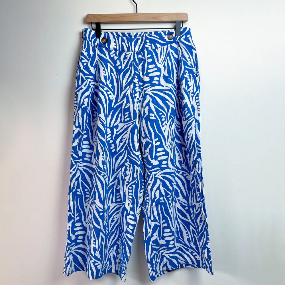 Linen Blend Wide Leg Pants Sz M Tropical Animal Print Colorful Resort Vacation